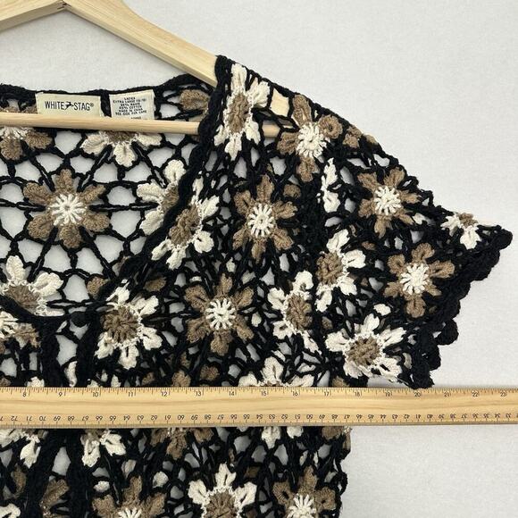 Vintage Floral Crochet Button Up Top Womens L Black White Dark Cottage Flowers - Picture 11 of 14